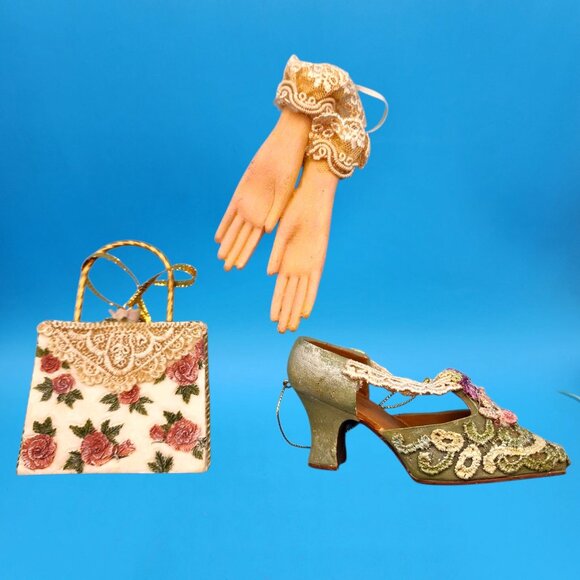Victorian Style Lace Shoe Glove & Purse Ornament Set With Floral Accents & Rose - Picture 3 of 7